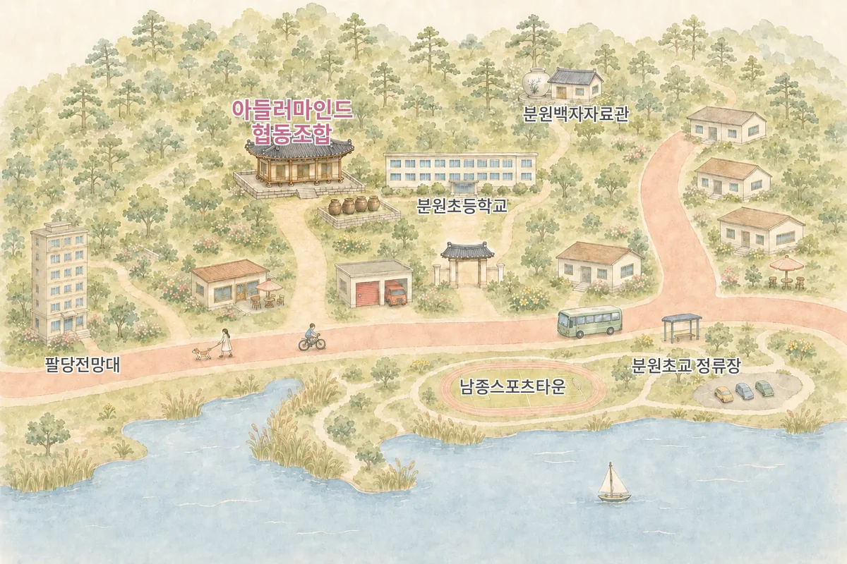 아들러마인드 협동조합 약도 — 팔당호 분원리, 분원초등학교와 분원백자자료관 사이
