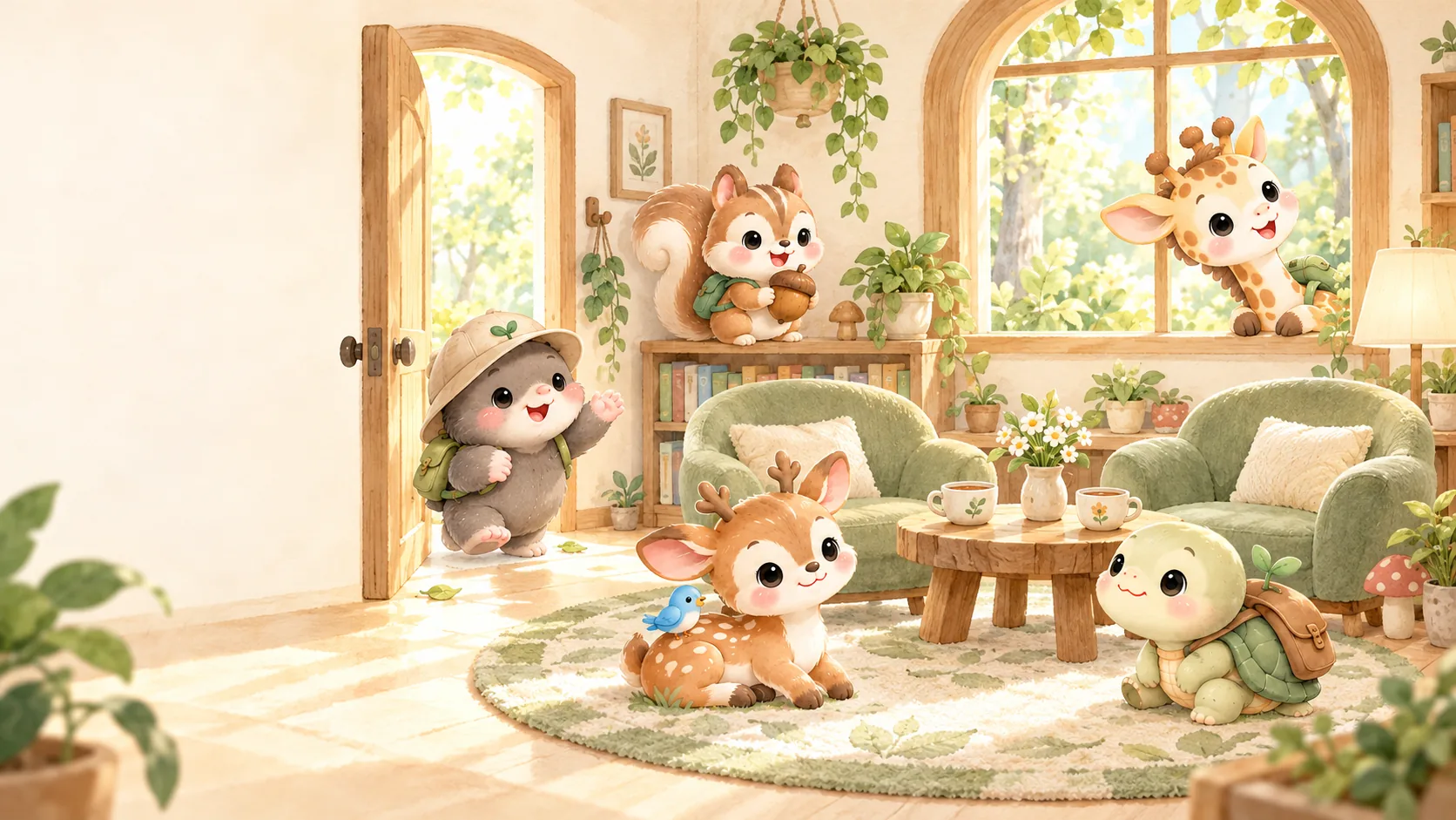 햇살이 드는 따뜻한 방. 창가에 마주 보는 의자 두 개가 놓여 있고, 문 앞에서 두더지 마인이 손을 흔들며 맞이합니다. 다람쥐 아리, 기린 루미, 사슴 단이, 거북이 토토가 방 안에 있습니다.